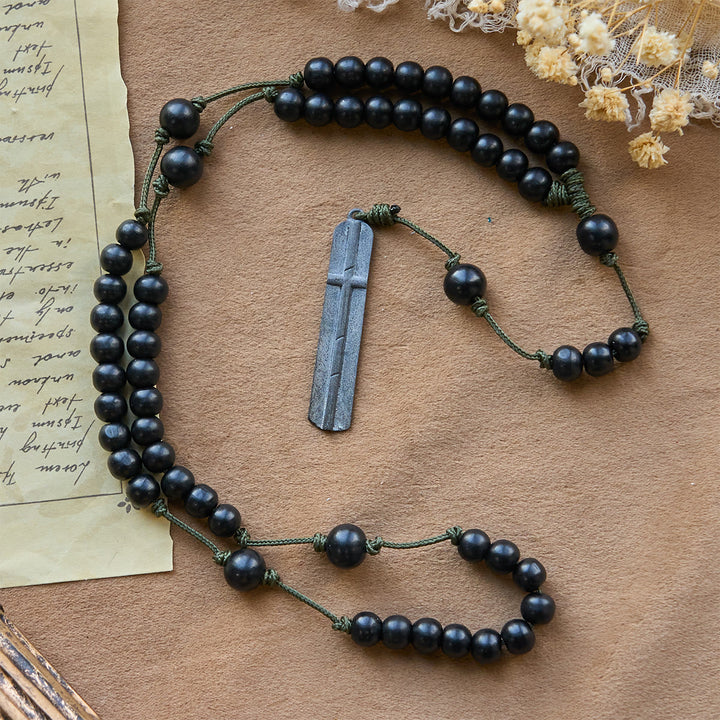 FREE Today: Rustic-Contemporary Cross of 8 mm Round Natural Wood Beads Rope Weaving Chain Rosary - image 2