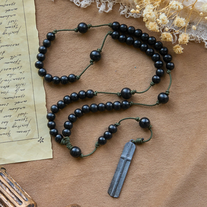 FREE Today: Rustic-Contemporary Cross of 8 mm Round Natural Wood Beads Rope Weaving Chain Rosary - image 3