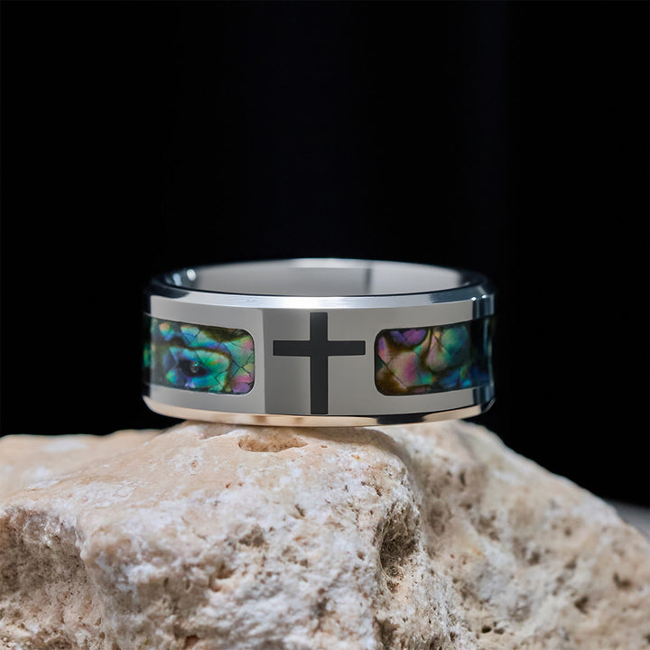 Christianartworkshop Minimalist Titanium Faith Cross Ring with Shimmering Abalone Shell Inlay - US12 - image 0