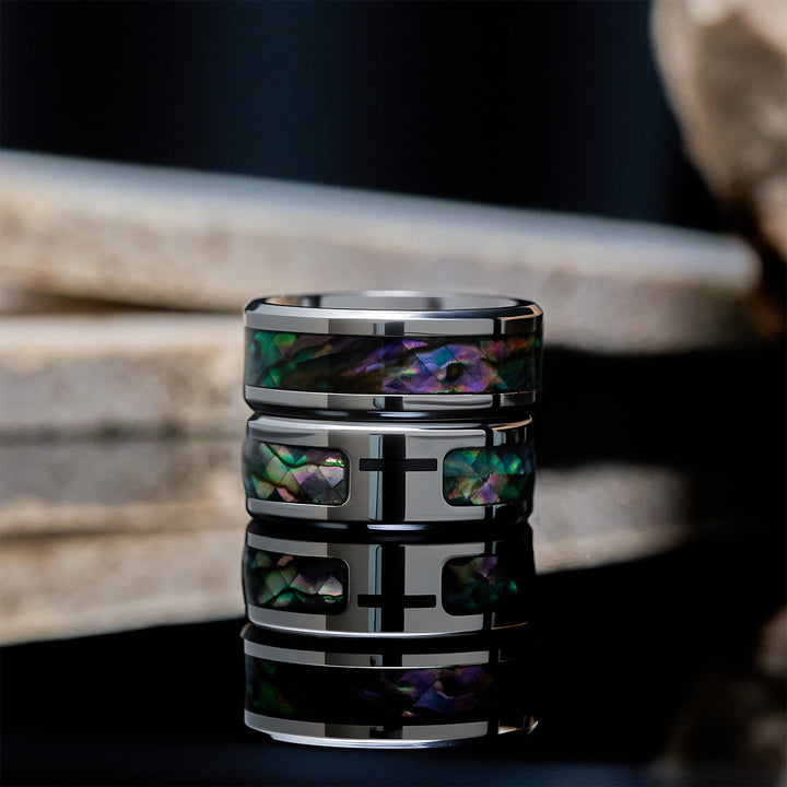 Christianartworkshop Minimalist Titanium Faith Cross Ring with Shimmering Stained Glass Colors Inlay - image 3