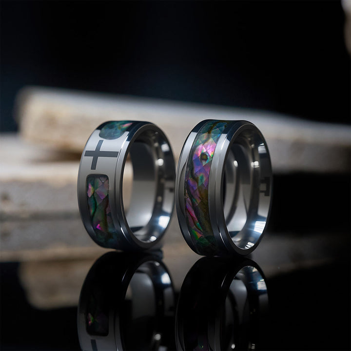 Christianartworkshop Minimalist Titanium Faith Cross Ring with Shimmering Stained Glass Colors Inlay - image 2