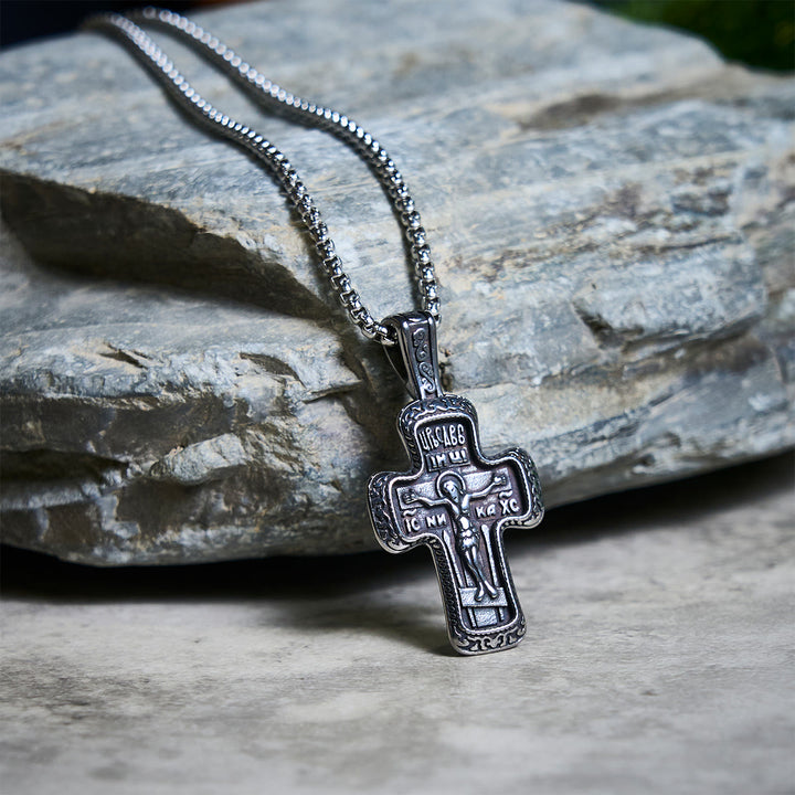 Christianartworkshop Antique-Style Orthodox Cross Pendant Necklace with Double-Sided Reliefs - Slim Style - image 0