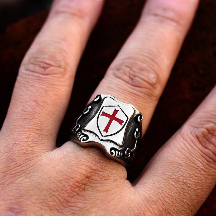 FREE Today: Medieval Style Red Cross Shield Ring with Knightly Design and Engraved Details - image 1