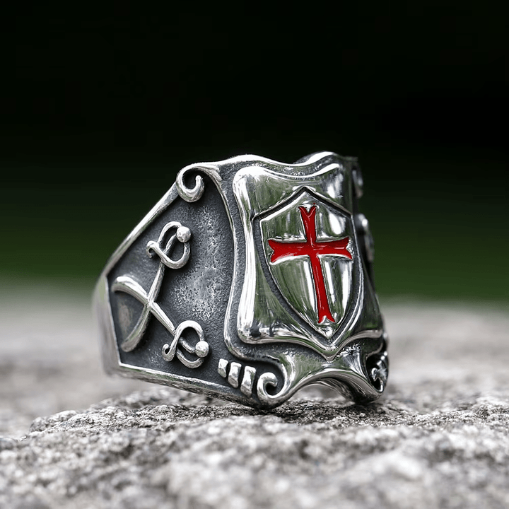 FREE Today: Medieval Style Red Cross Shield Ring with Knightly Design and Engraved Details - image 5