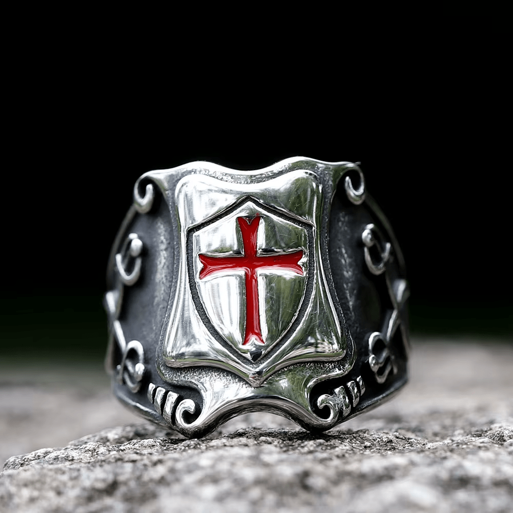 FREE Today: Medieval Style Red Cross Shield Ring with Knightly Design and Engraved Details - image 4