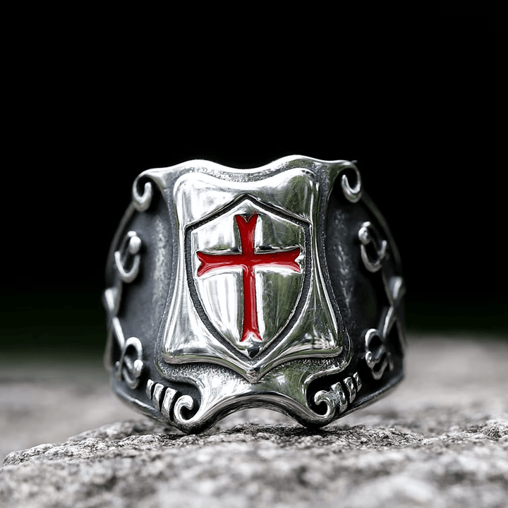 FREE Today: Medieval Style Red Cross Shield Ring with Knightly Design and Engraved Details - image 4