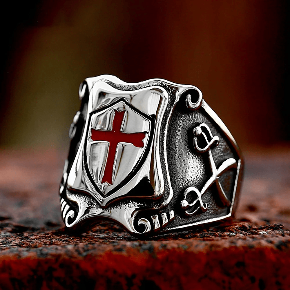 FREE Today: Medieval Style Red Cross Shield Ring with Knightly Design and Engraved Details - US 13 - image 0