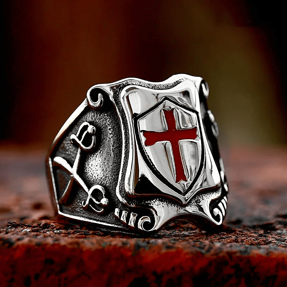 FREE Today: Medieval Style Red Cross Shield Ring with Knightly Design and Engraved Details - image 6
