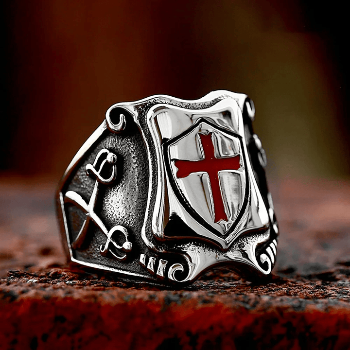 FREE Today: Medieval Style Red Cross Shield Ring with Knightly Design and Engraved Details - image 6