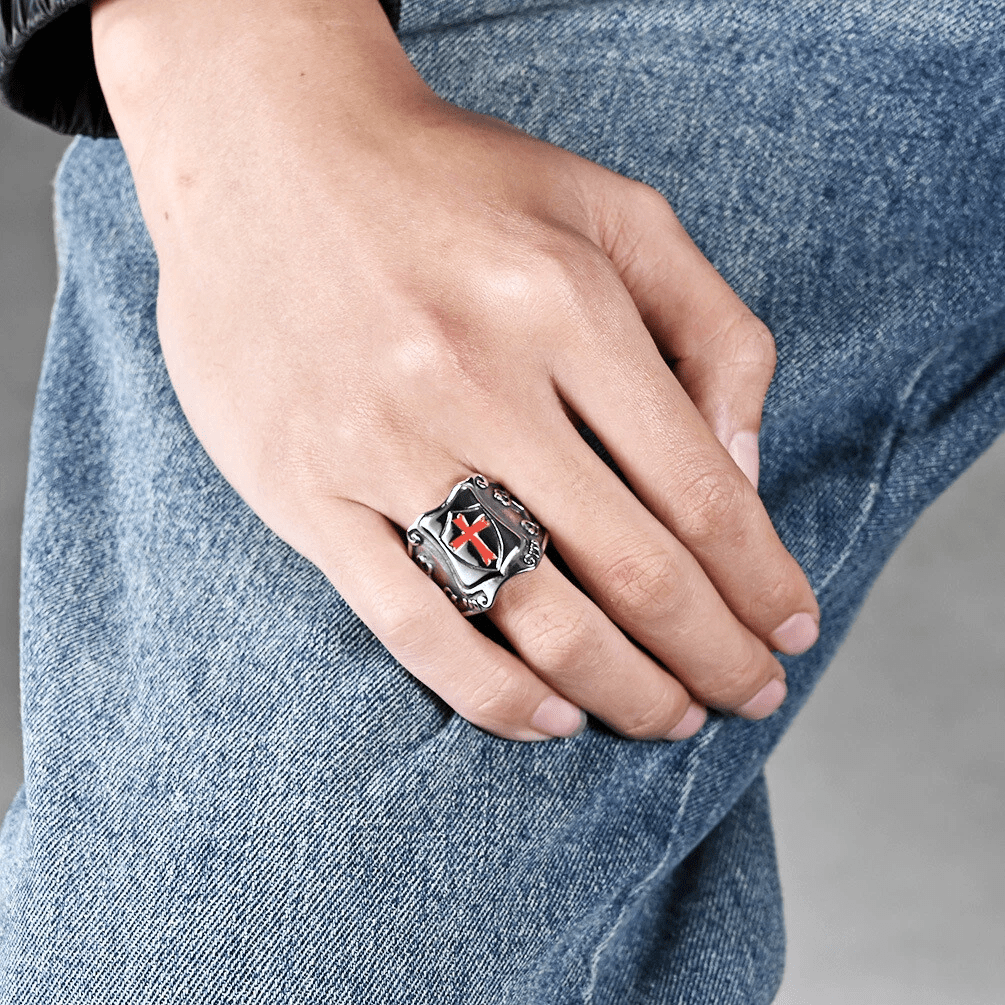 FREE Today: Medieval Style Red Cross Shield Ring with Knightly Design and Engraved Details - image 2