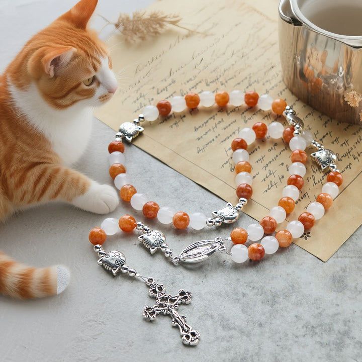 Christianartworkshop Orange & White Quartz with Cat Face Stainless Steel Charms of Orange Tabby Animal Rosary - Orange Tabby Rosary - image 0