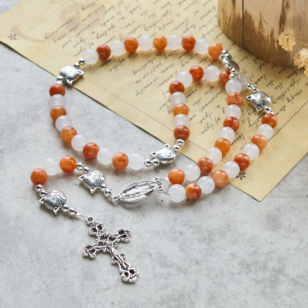 Christianartworkshop Orange & White Quartz with Cat Face Stainless Steel Charms of Orange Tabby Animal Rosary - image 3