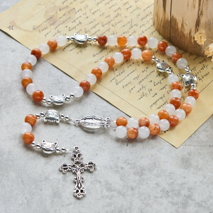 FREE Today: Orange & White Quartz with Cat Face Stainless Steel Charms of Orange Tabby Animal Rosary - image 4