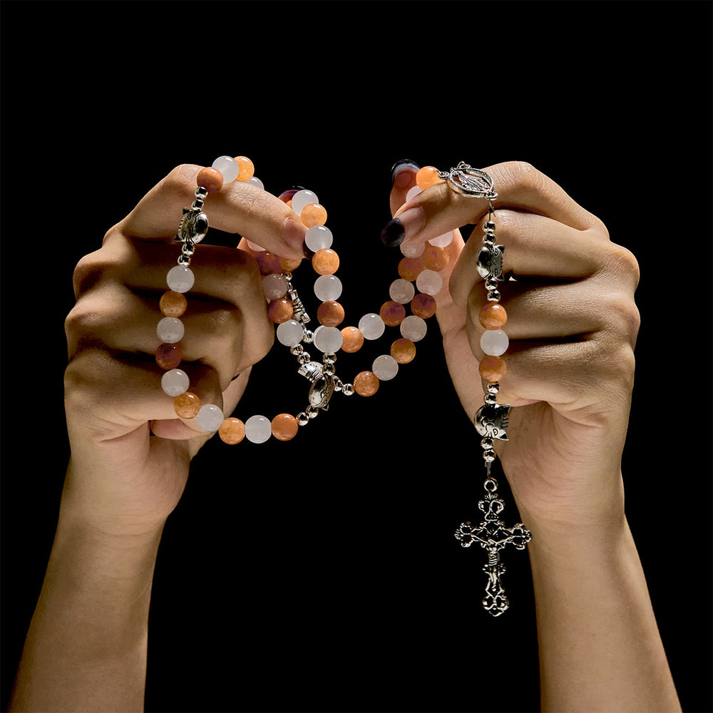 Christianartworkshop Orange & White Quartz with Cat Face Stainless Steel Charms of Orange Tabby Animal Rosary - image 1