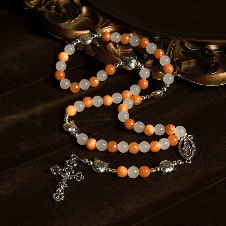 Christianartworkshop Orange & White Quartz with Cat Face Stainless Steel Charms of Orange Tabby Animal Rosary - image 2