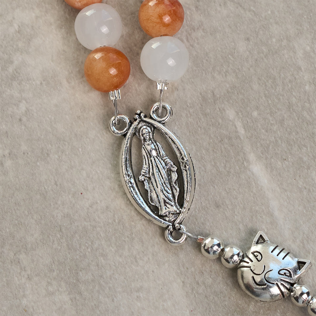 Christianartworkshop Orange & White Quartz with Cat Face Stainless Steel Charms of Orange Tabby Animal Rosary - image 8