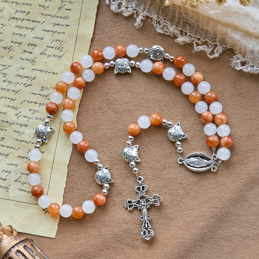 Christianartworkshop Orange & White Quartz with Cat Face Stainless Steel Charms of Orange Tabby Animal Rosary - image 6