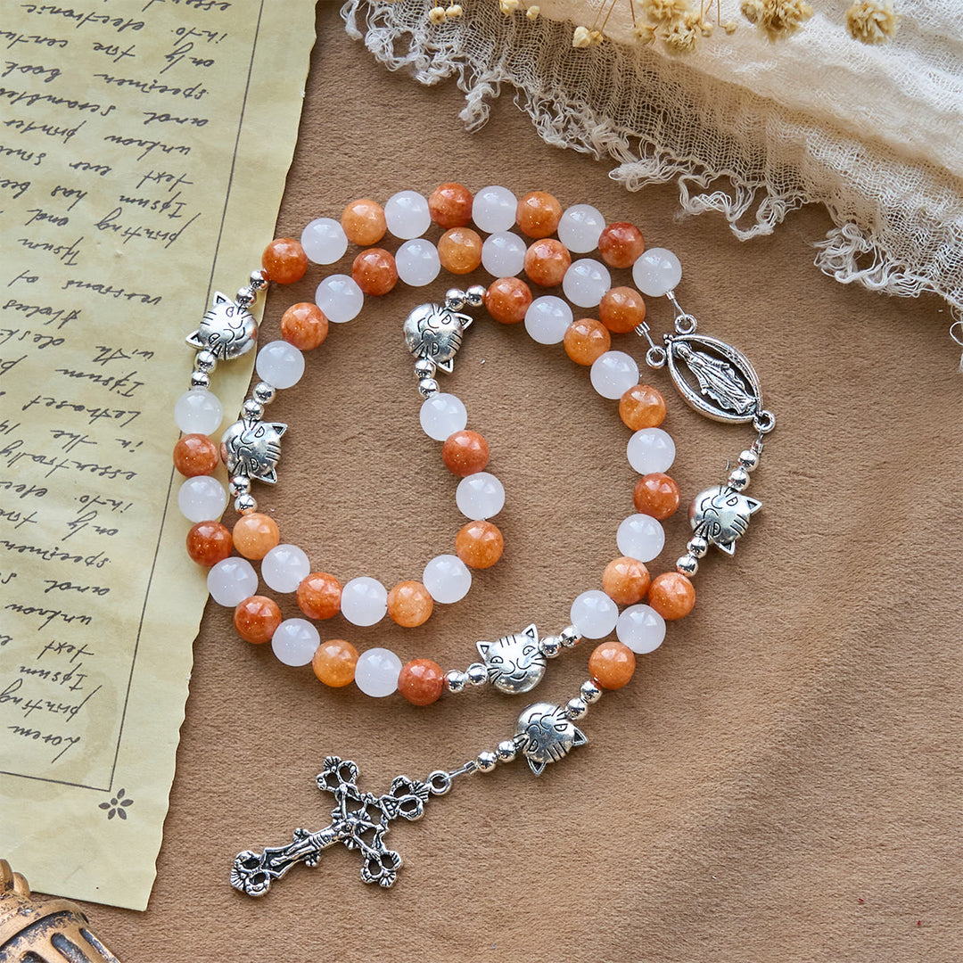 Christianartworkshop Orange & White Quartz with Cat Face Stainless Steel Charms of Orange Tabby Animal Rosary - image 5