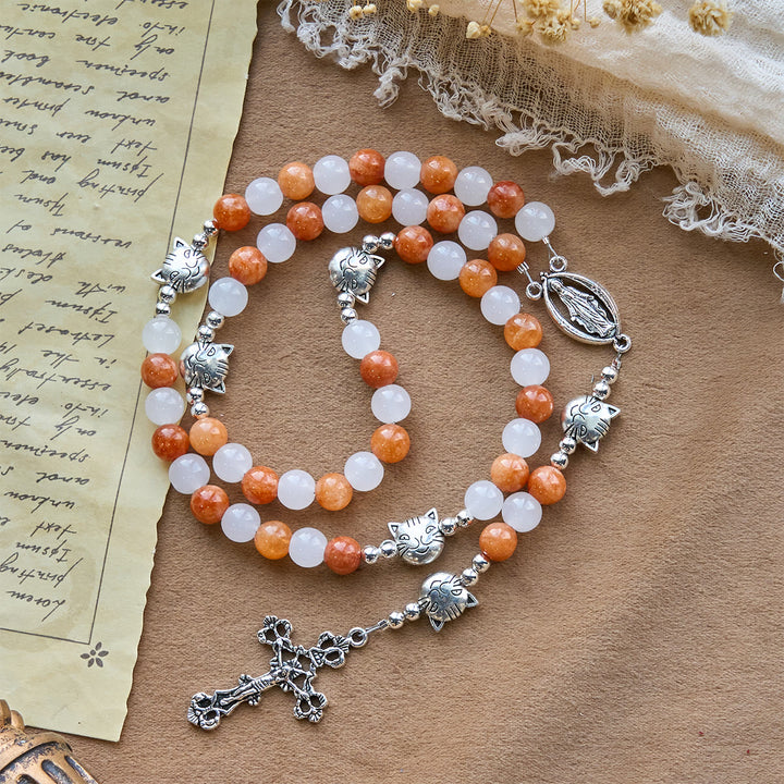 Christianartworkshop Orange & White Quartz with Cat Face Stainless Steel Charms of Orange Tabby Animal Rosary - image 5