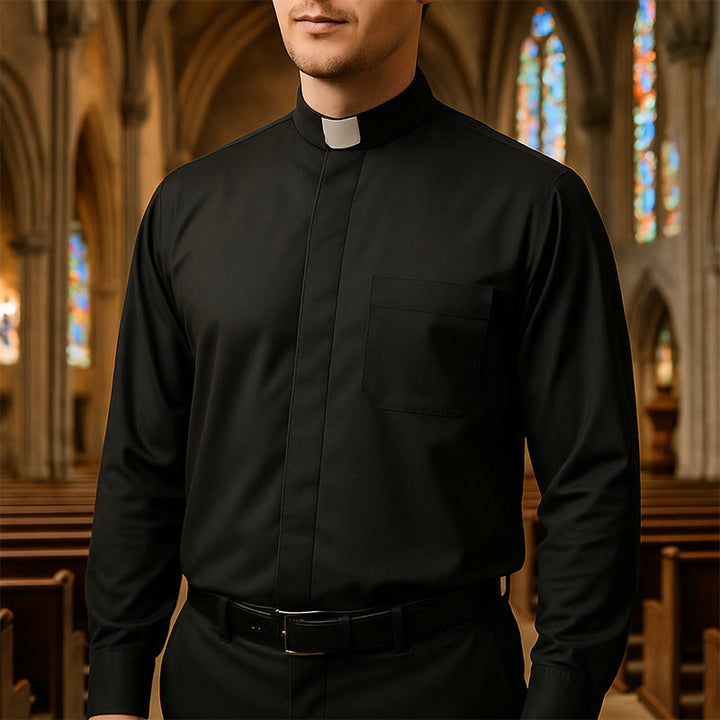 Christianartworkshop Modern Unisex Clergy Shirt with White Tab Collar: Elegant Black Faithwear - Long Sleeve - 5XL - image 6