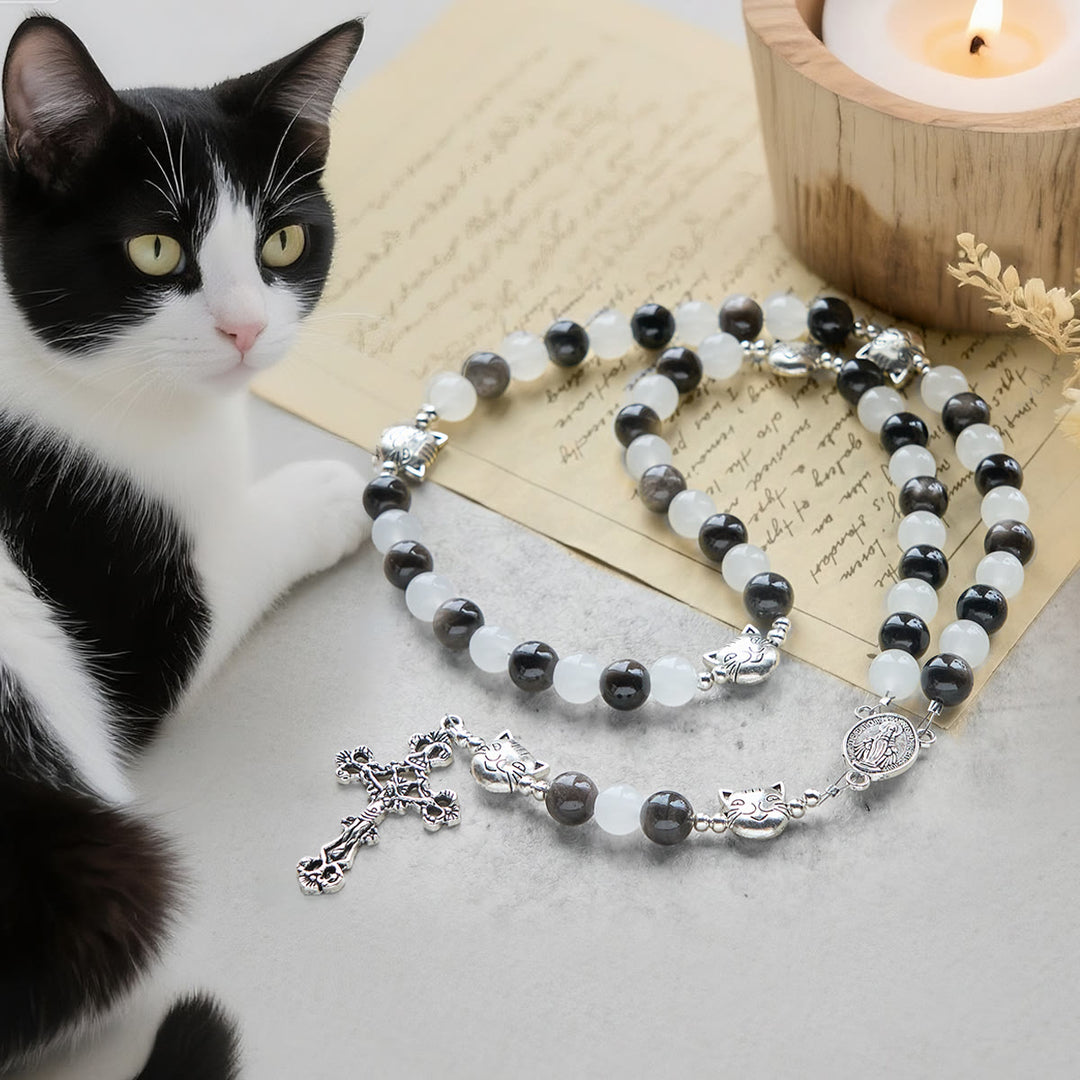Christianartworkshop Our Lady's Blessing with Black & White Cow Cat Beads Animal Rosary - Cow Cat Rosary - image 0