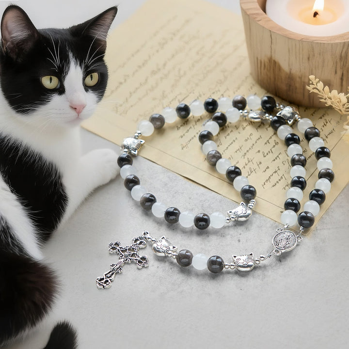 Christianartworkshop Our Lady's Blessing with Black & White Cow Cat Beads Animal Rosary - Cow Cat Rosary - image 0