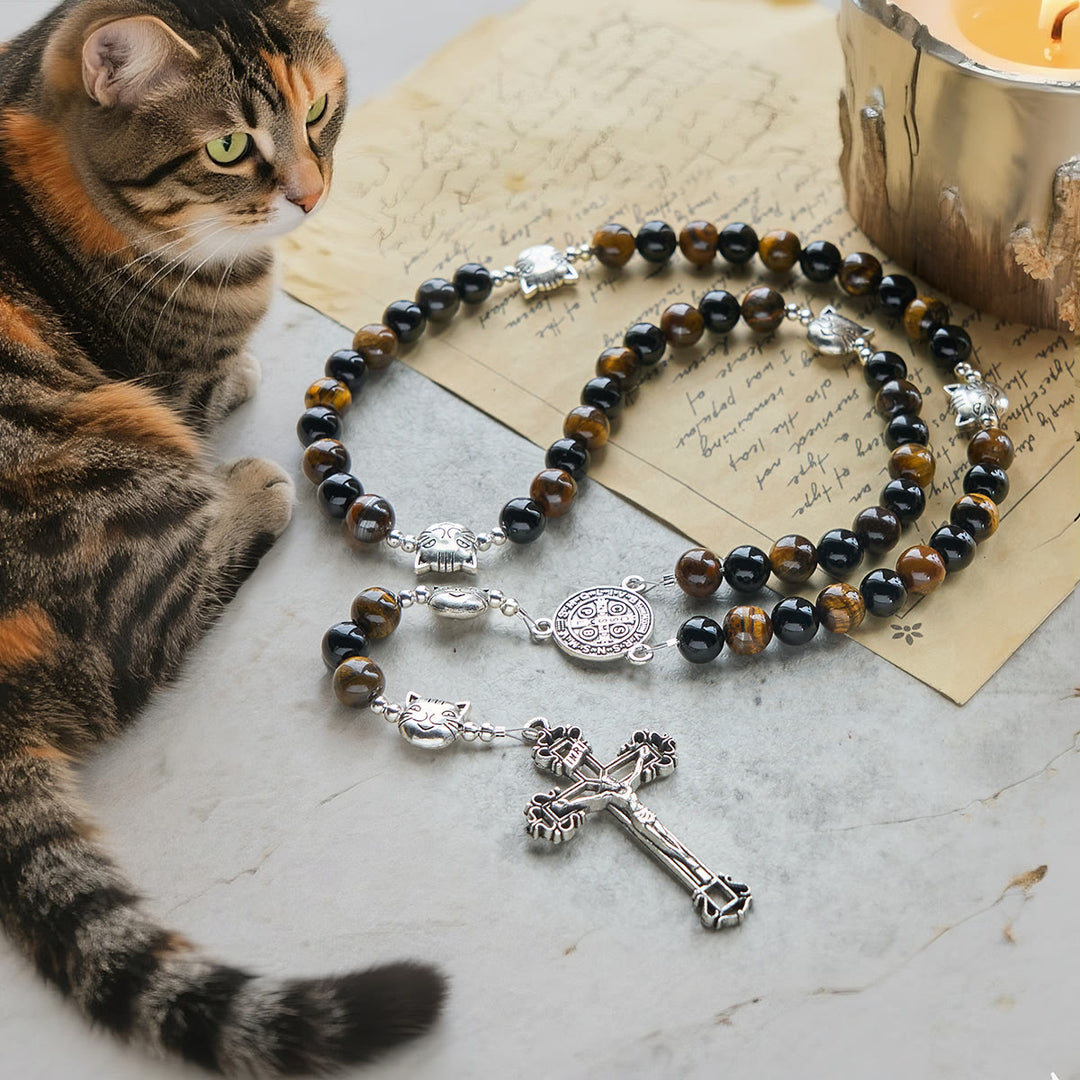 Christianartworkshop Faithful Tabby Cat with Brown Black Beads for Loving Prayer Animal Rosary - Tabby Cat Rosary - image 0