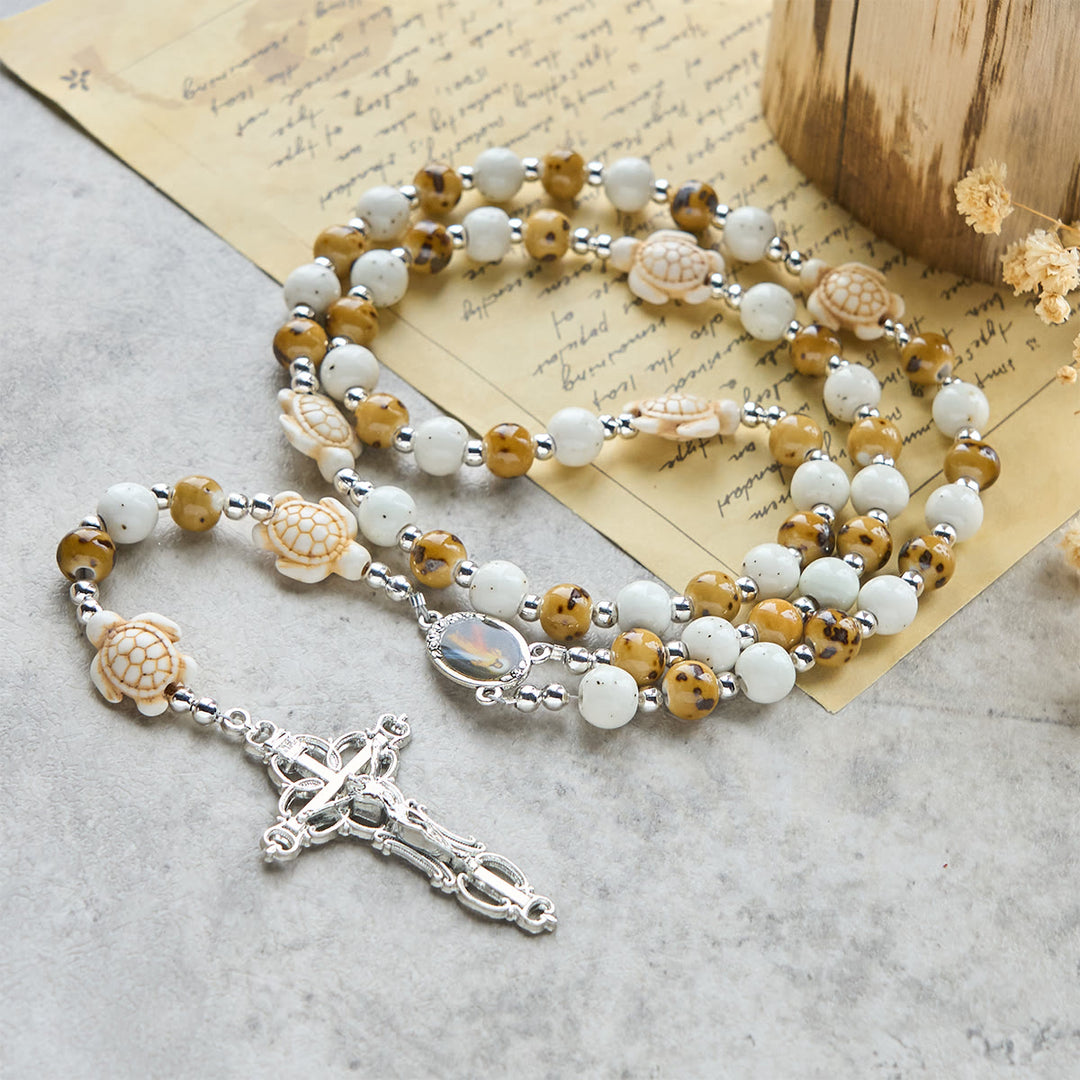 Christianartworkshop Divine Care Turtle with Warm Yellow Beads and Our Lord's Mercy Animal Rosary - Turtle Prayer Rosary - image 0