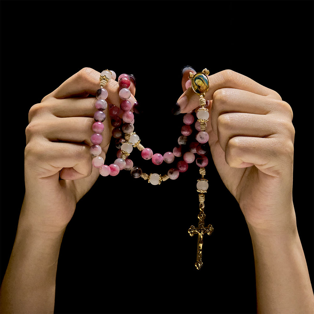 Christianartworkshop Elegant Persian Pink and Black Jade Beads Rosary with Our Lady's Blessing - image 1