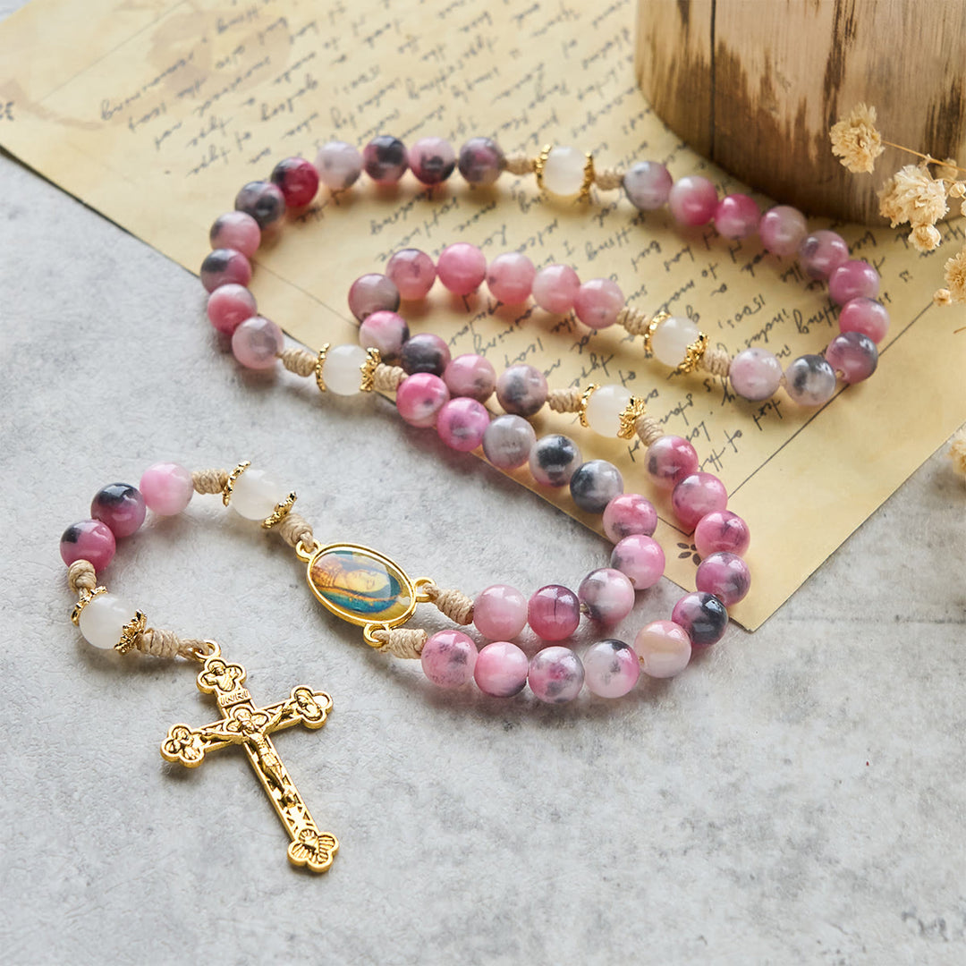 Christianartworkshop Elegant Persian Pink and Black Jade Beads Rosary with Our Lady's Blessing - image 4