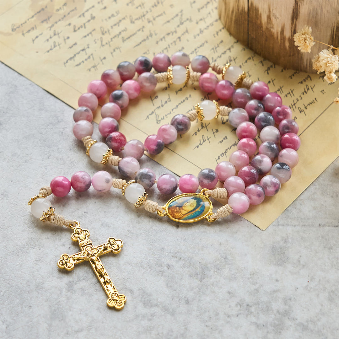 Christianartworkshop Elegant Persian Pink and Black Jade Beads Rosary with Our Lady's Blessing - image 5