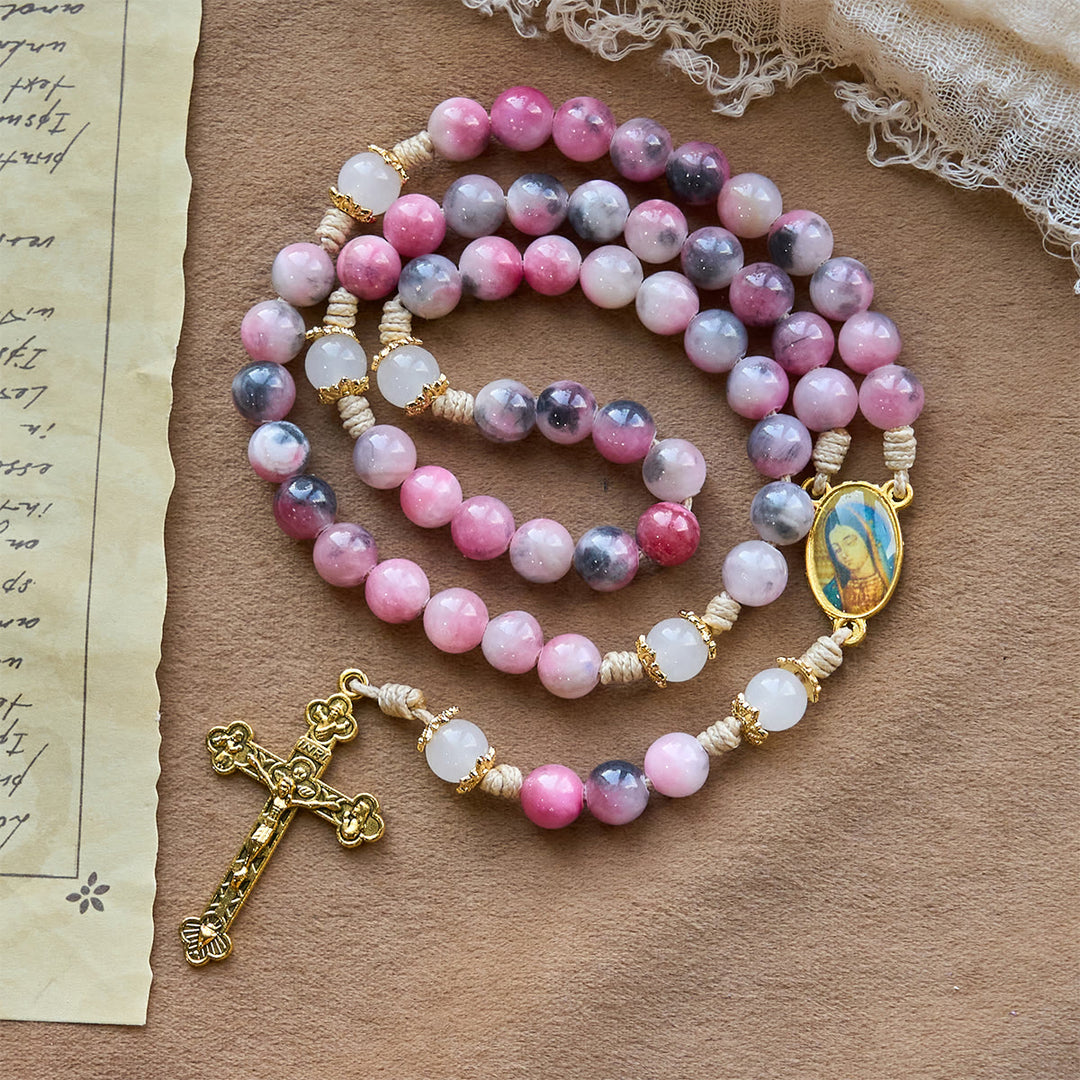 Christianartworkshop Elegant Persian Pink and Black Jade Beads Rosary with Our Lady's Blessing - Persian Pink - image 0