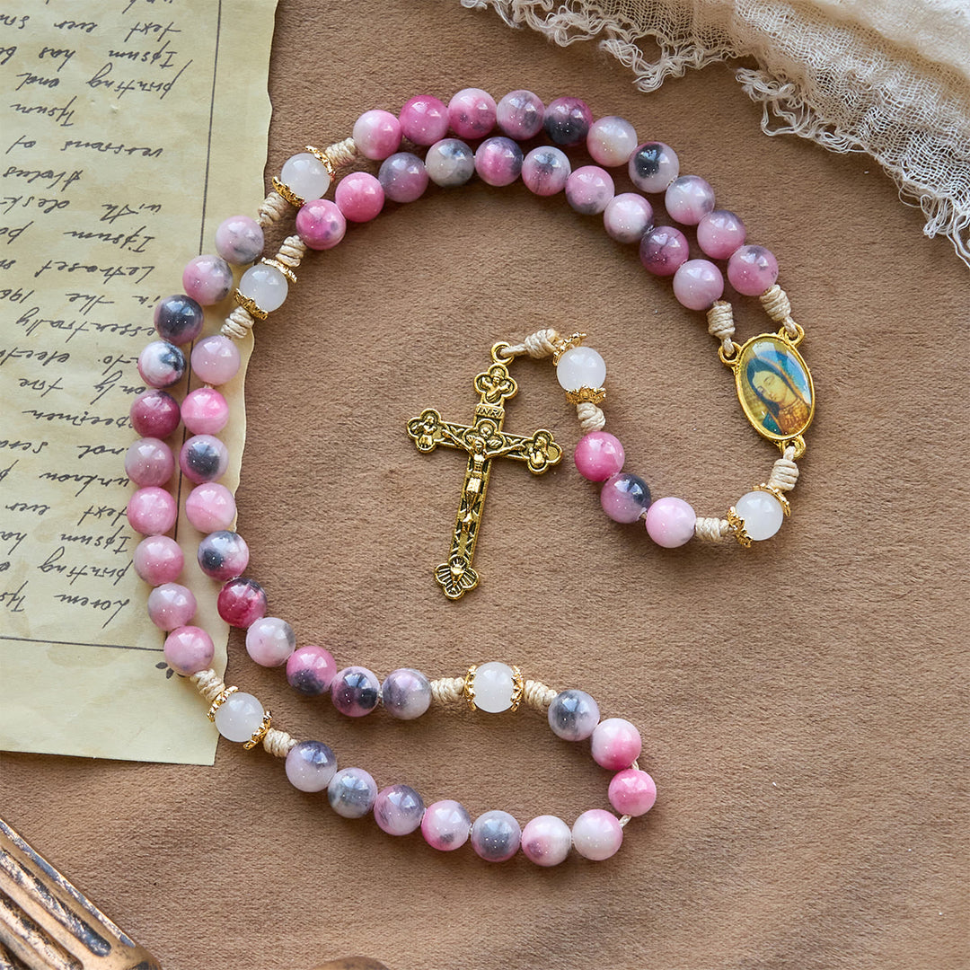 Christianartworkshop Elegant Persian Pink and Black Jade Beads Rosary with Our Lady's Blessing - image 3