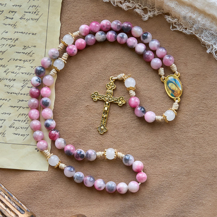 Christianartworkshop Elegant Persian Pink and Black Jade Beads Rosary with Our Lady's Blessing - image 3