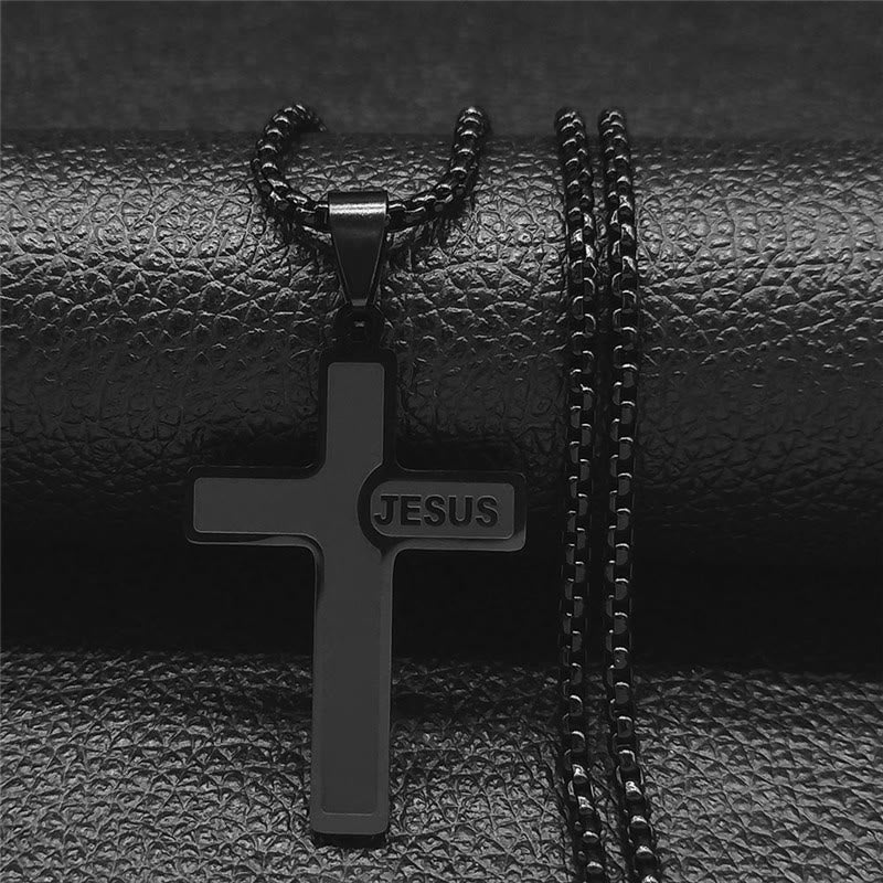 Christianartworkshop Minimalist Cross Necklace with "JESUS" Detail: Understated Expression of Faith - Black - image 2