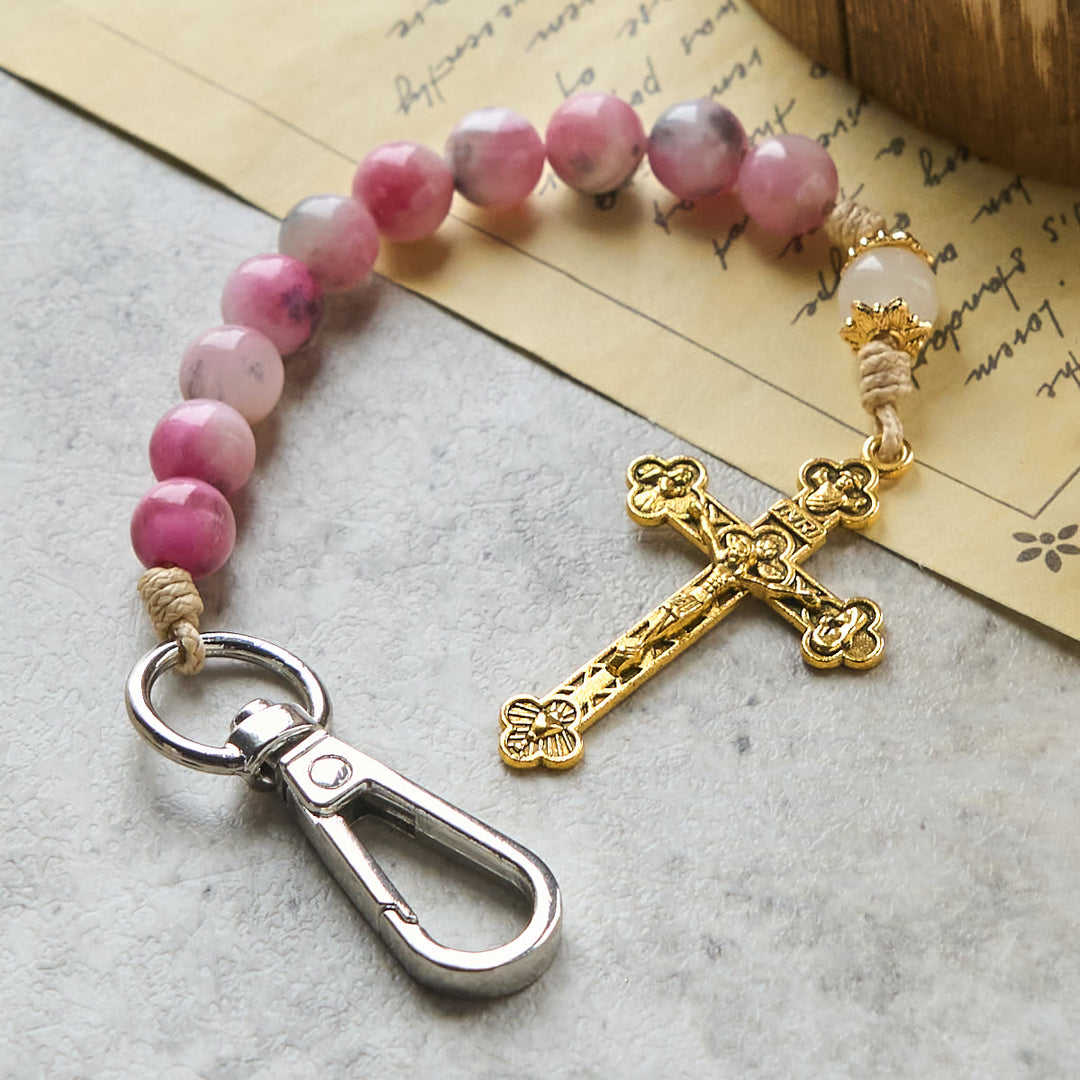 FREE Today: Persian Pink Jade Beads Portable Rosary Keychain with Bronze Crucifix - image 1