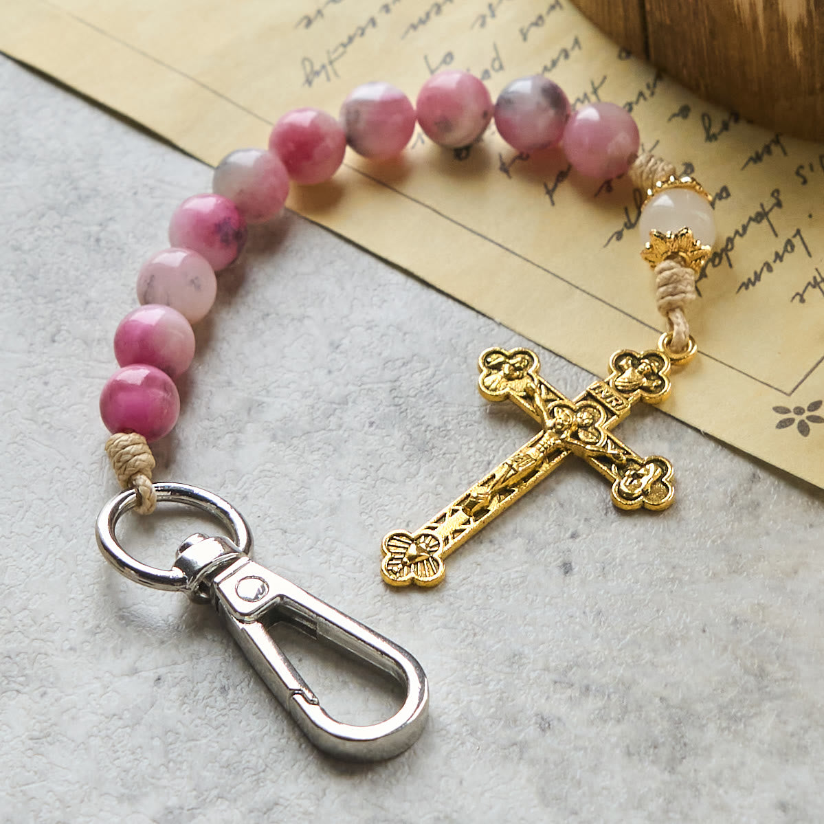 Christianartworkshop Persian Pink Jade Rosary Keychain with Bronze