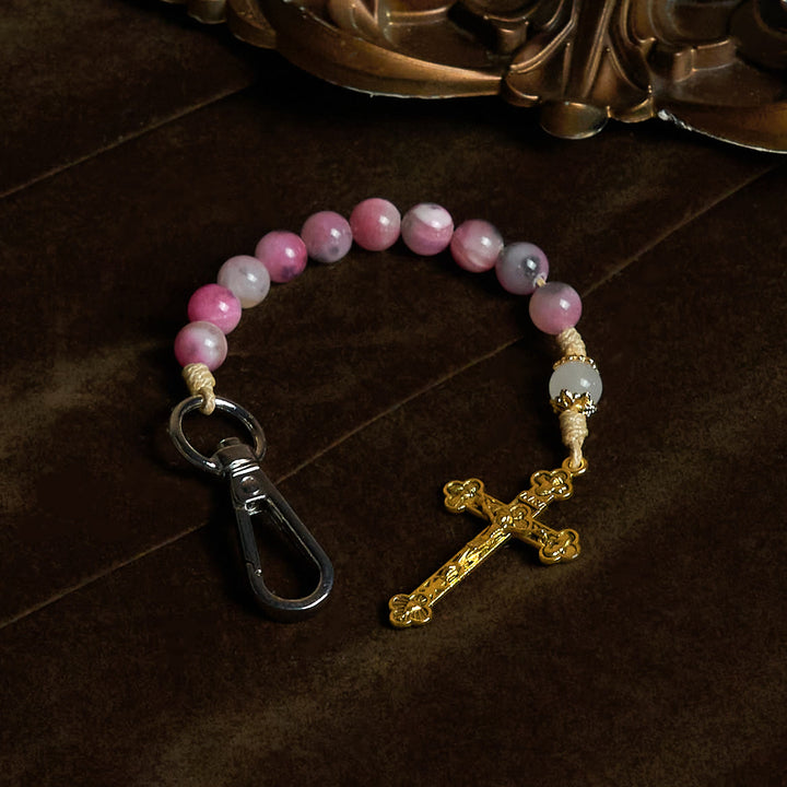 Christianartworkshop Persian Pink Jade Beads Portable Rosary Keychain with Bronze Crucifix - image 2