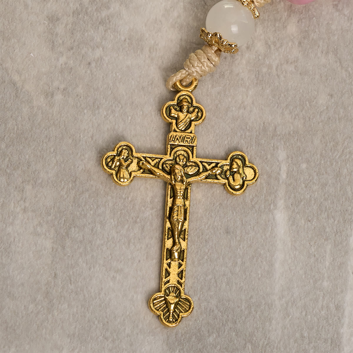 No.120刻印ෆ‪デザインチャームෆ‪ Christianartworkshop Persian Pink Jade Rosary Keychain with Bronze