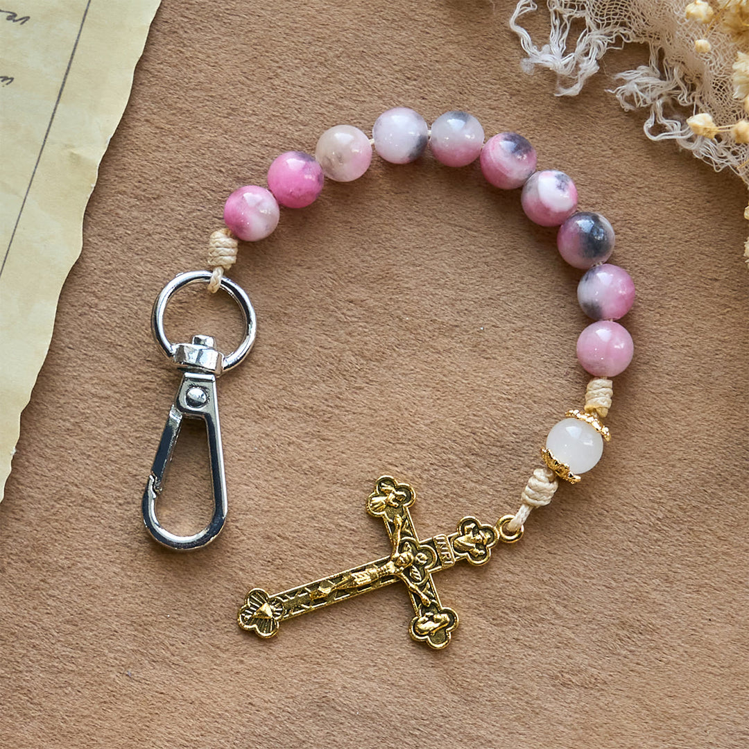 Christianartworkshop Persian Pink Jade Beads Portable Rosary Keychain with Bronze Crucifix - Rosary Keychain - image 0