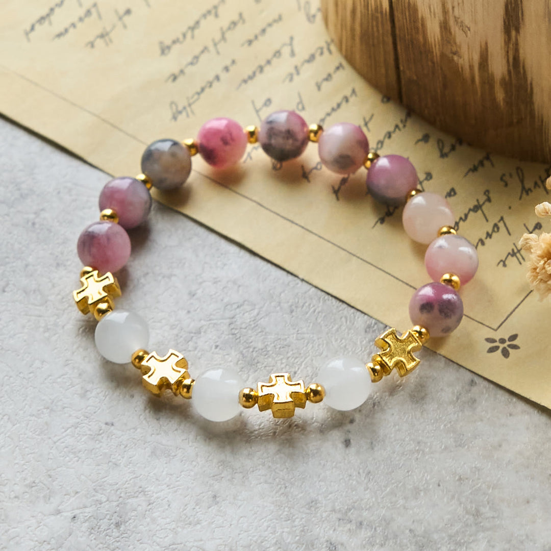 Christianartworkshop Graceful 8mm Persian Pink & Black Jade Beads Bracelet with Ancient Cross - image 2