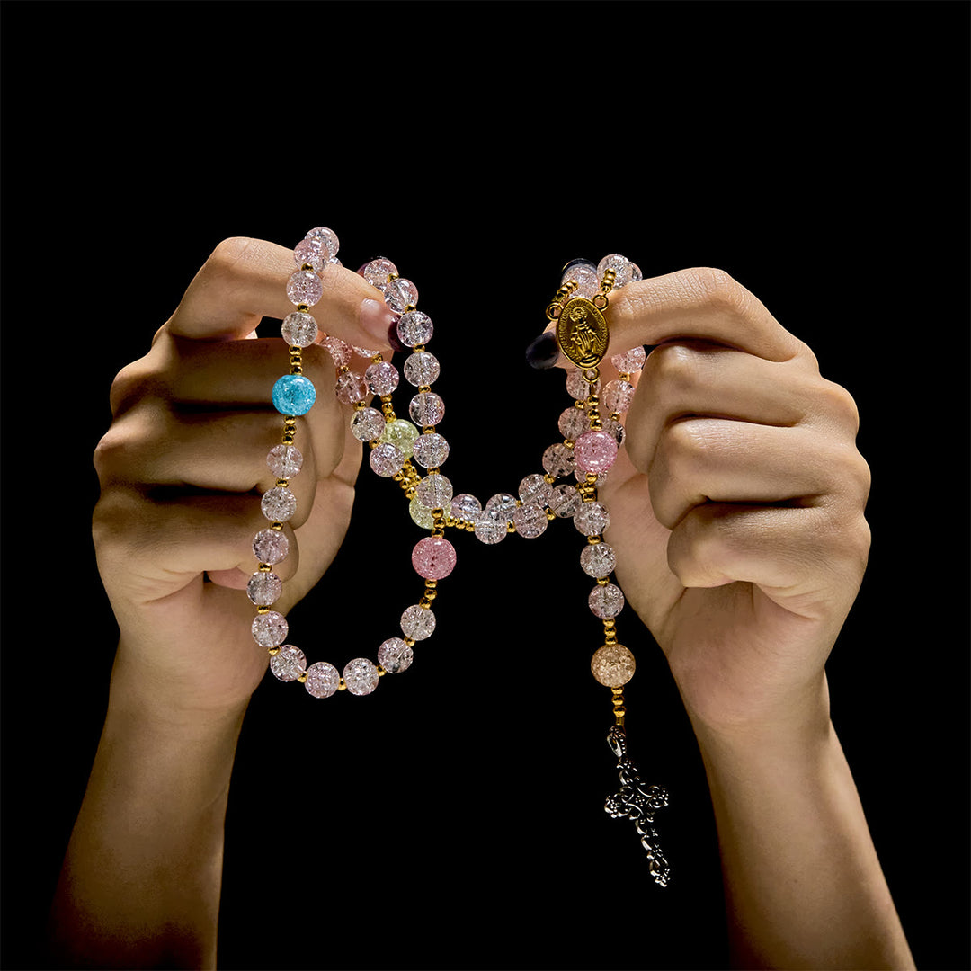 Christianartworkshop Rainbow Light 8mm Crackle Glass Beads Rosary with Our Lady & Cross - image 1