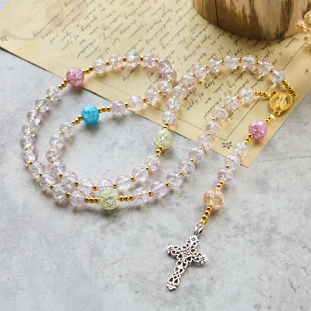 Christianartworkshop Rainbow Light 8mm Crackle Glass Beads Rosary with Our Lady & Cross - image 5