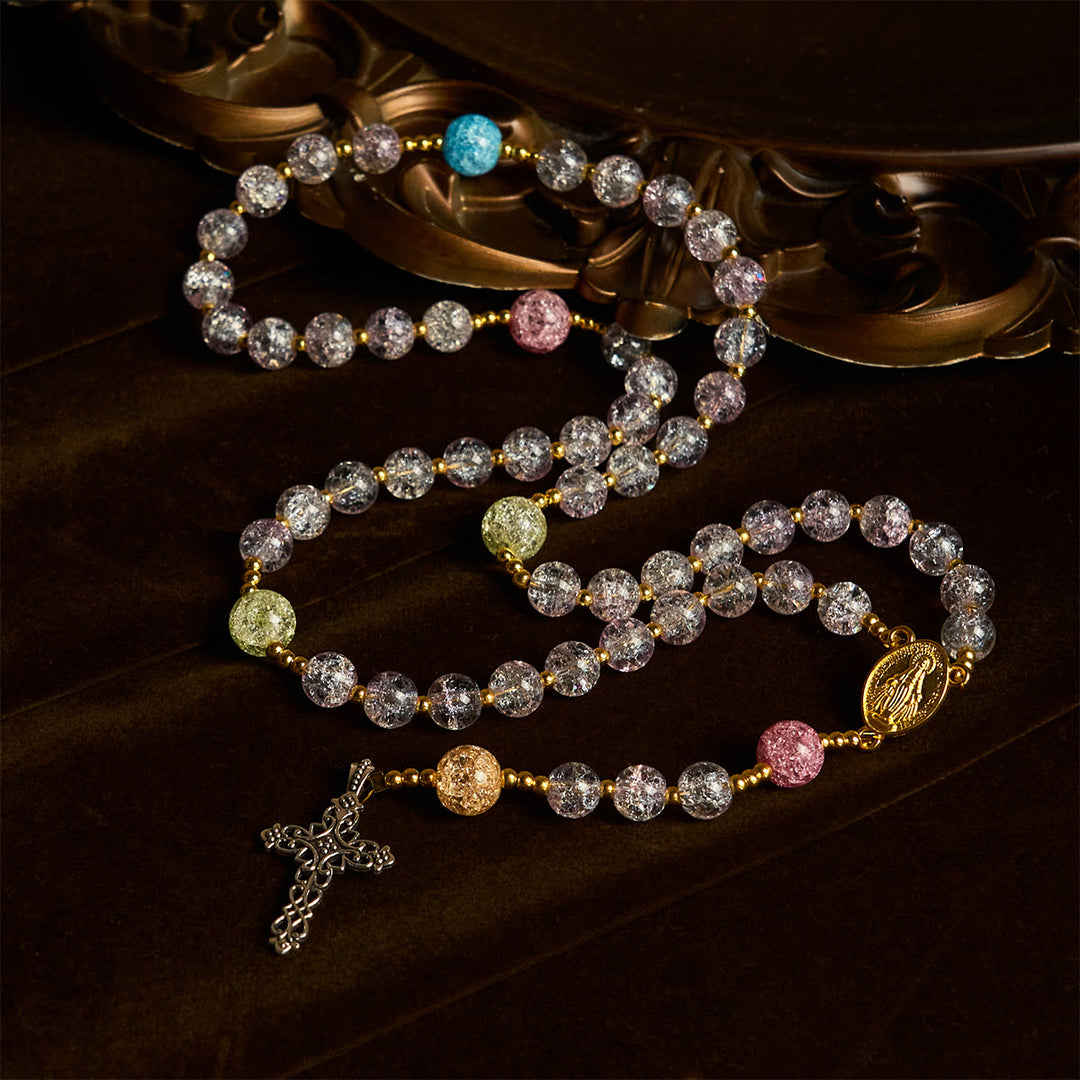 Christianartworkshop Rainbow Light 8mm Crackle Glass Beads Rosary with Our Lady & Cross - image 2