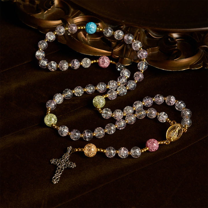 Christianartworkshop Rainbow Light 8mm Crackle Glass Beads Rosary with Our Lady & Cross - image 2