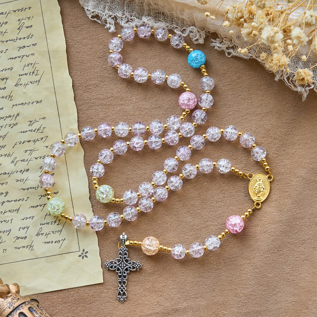 Christianartworkshop Rainbow Light 8mm Crackle Glass Beads Rosary with Our Lady & Cross - image 3