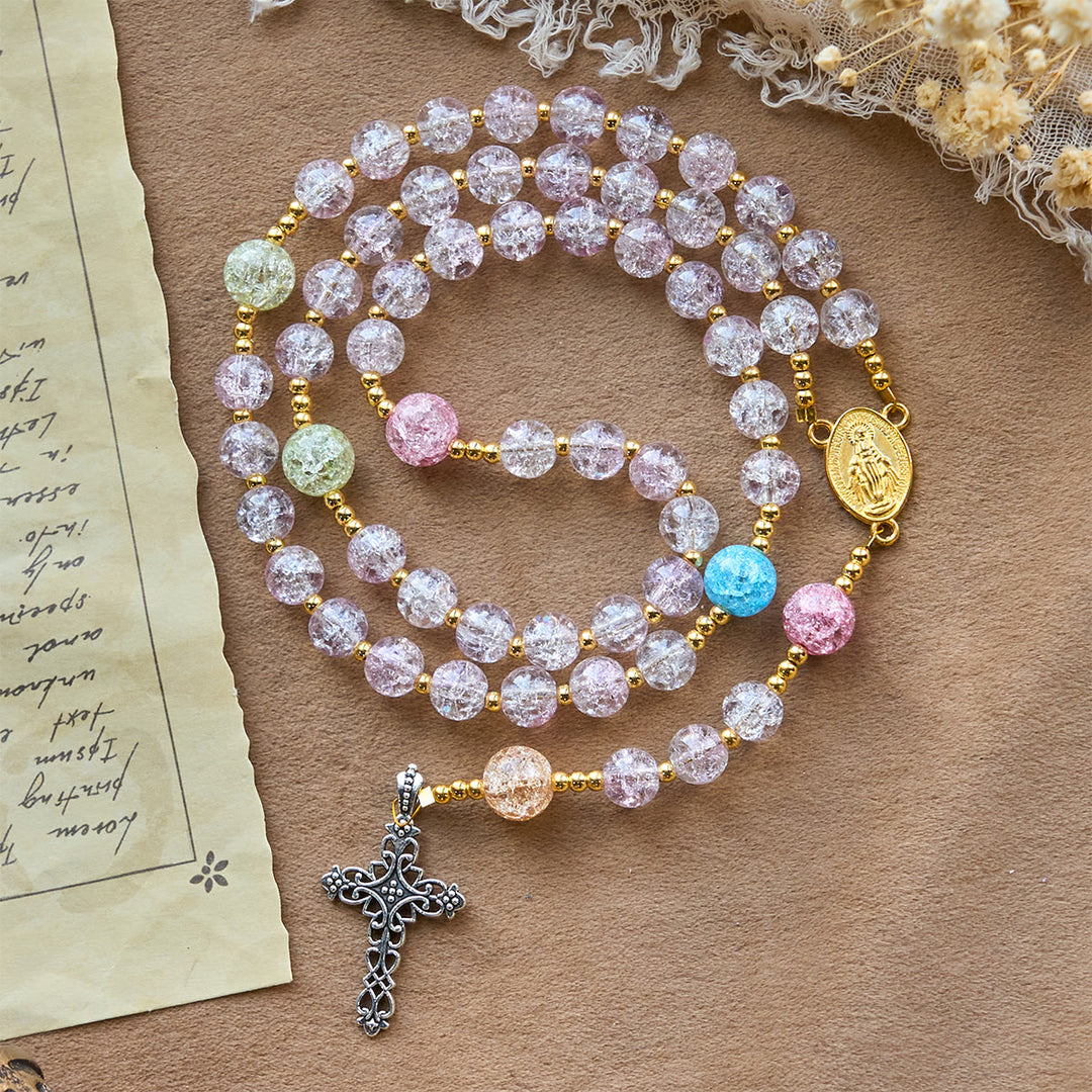 Christianartworkshop Rainbow Light 8mm Crackle Glass Beads Rosary with Our Lady & Cross - Crackle Glass - image 0