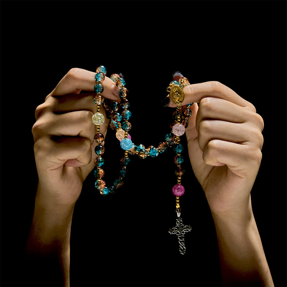 Christianartworkshop Divine Harmony Radiance Blue-Red Crackle Beads Rosary with Cross of Faith - image 1