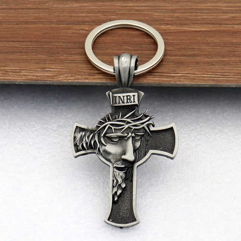 Christianartworkshop Vintage Golden Jesus Crown of Thorns Cross Keychain: A Timeless Token of Devotion - Tin - image 1
