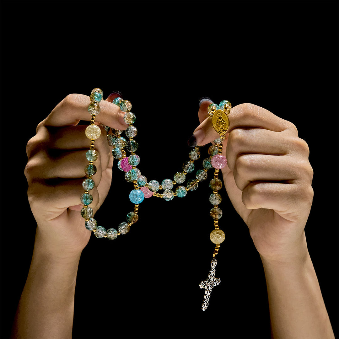 Christianartworkshop Glittering 8mm Ocean-Inspired Crackle Glass Rosary with Our Lady Medal - image 1